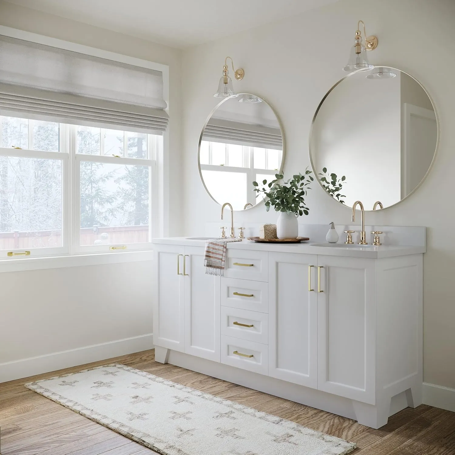 ARIEL 73" White Double Vanity, 1.5" Edge Pure White Quartz Countertop & Splash, Rectangular Sink, 4 Soft Closing Doors, 6 Full Extension Dovetail Drawers, Toe Kick, Satin Brass
