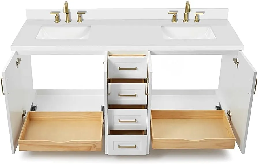 ARIEL 73" White Double Vanity, 1.5" Edge Pure White Quartz Countertop & Splash, Rectangular Sink, 4 Soft Closing Doors, 6 Full Extension Dovetail Drawers, Toe Kick, Satin Brass