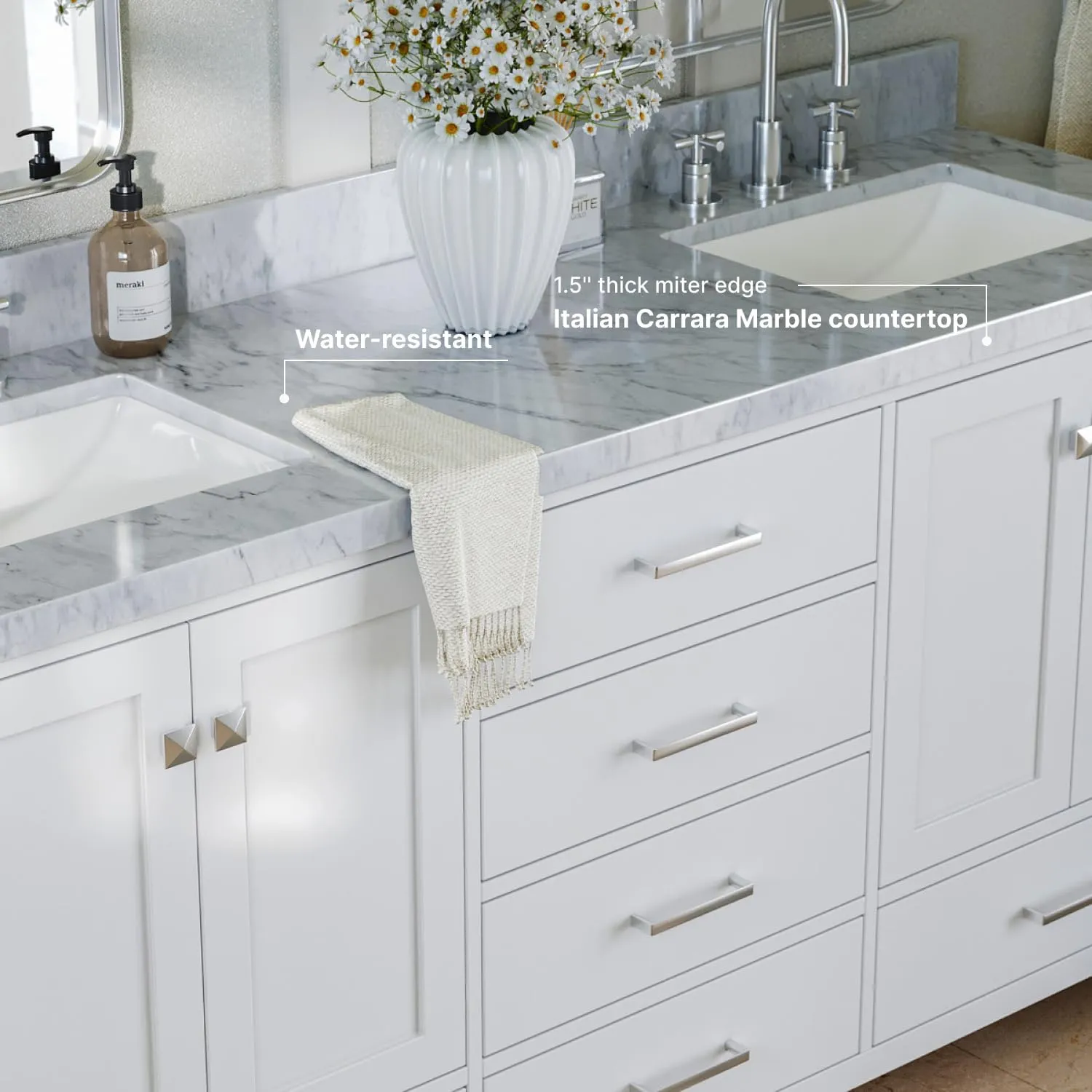 ARIEL 73" White Double Vanity with 1.5" Edge Italian Carrara Marble Countertop & Splash, Rectangular Sinks, 4 Soft Closing Doors, 6 Full Extension Dovetail Drawers, Brushed Nickel