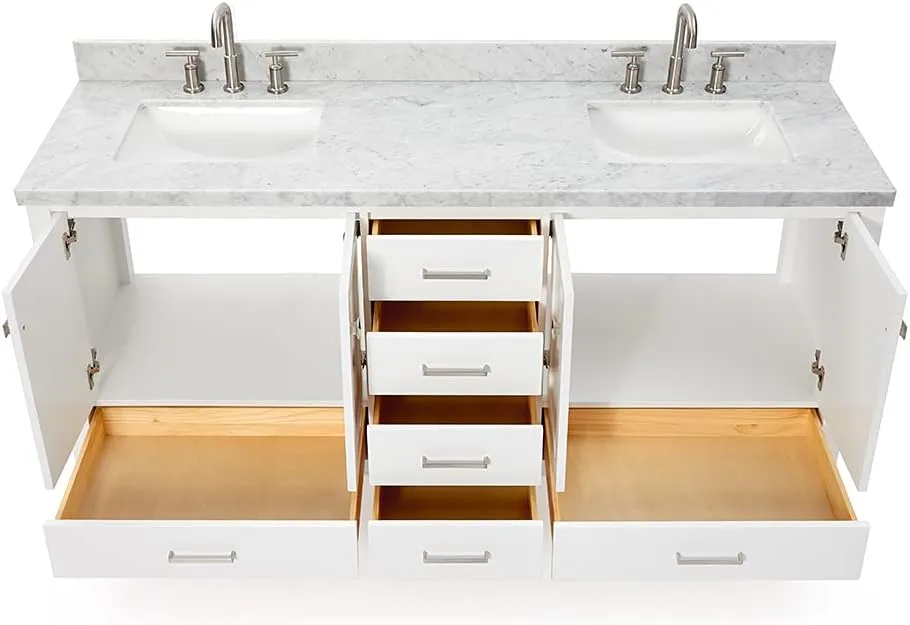 ARIEL 73" White Double Vanity with 1.5" Edge Italian Carrara Marble Countertop & Splash, Rectangular Sinks, 4 Soft Closing Doors, 6 Full Extension Dovetail Drawers, Brushed Nickel