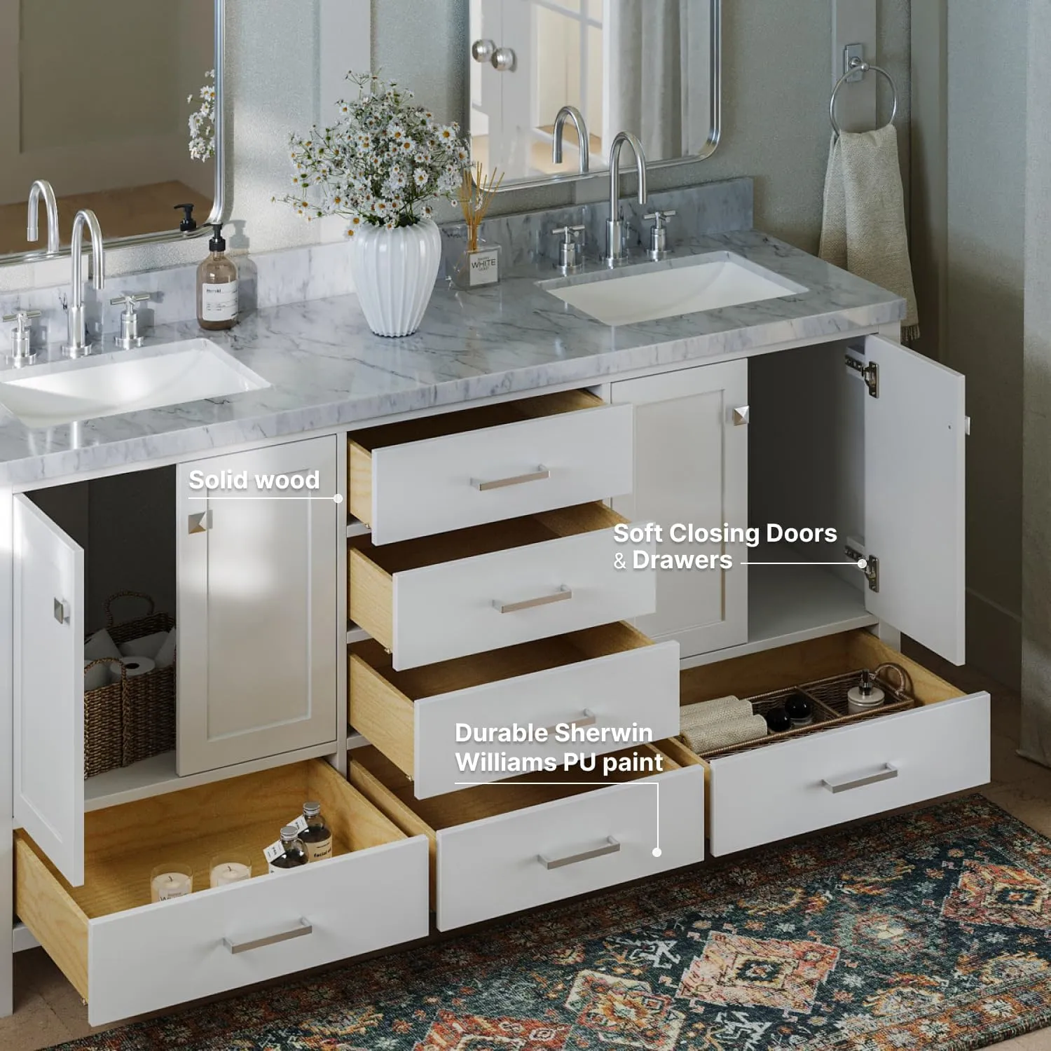 ARIEL 73" White Double Vanity with 1.5" Edge Italian Carrara Marble Countertop & Splash, Rectangular Sinks, 4 Soft Closing Doors, 6 Full Extension Dovetail Drawers, Brushed Nickel