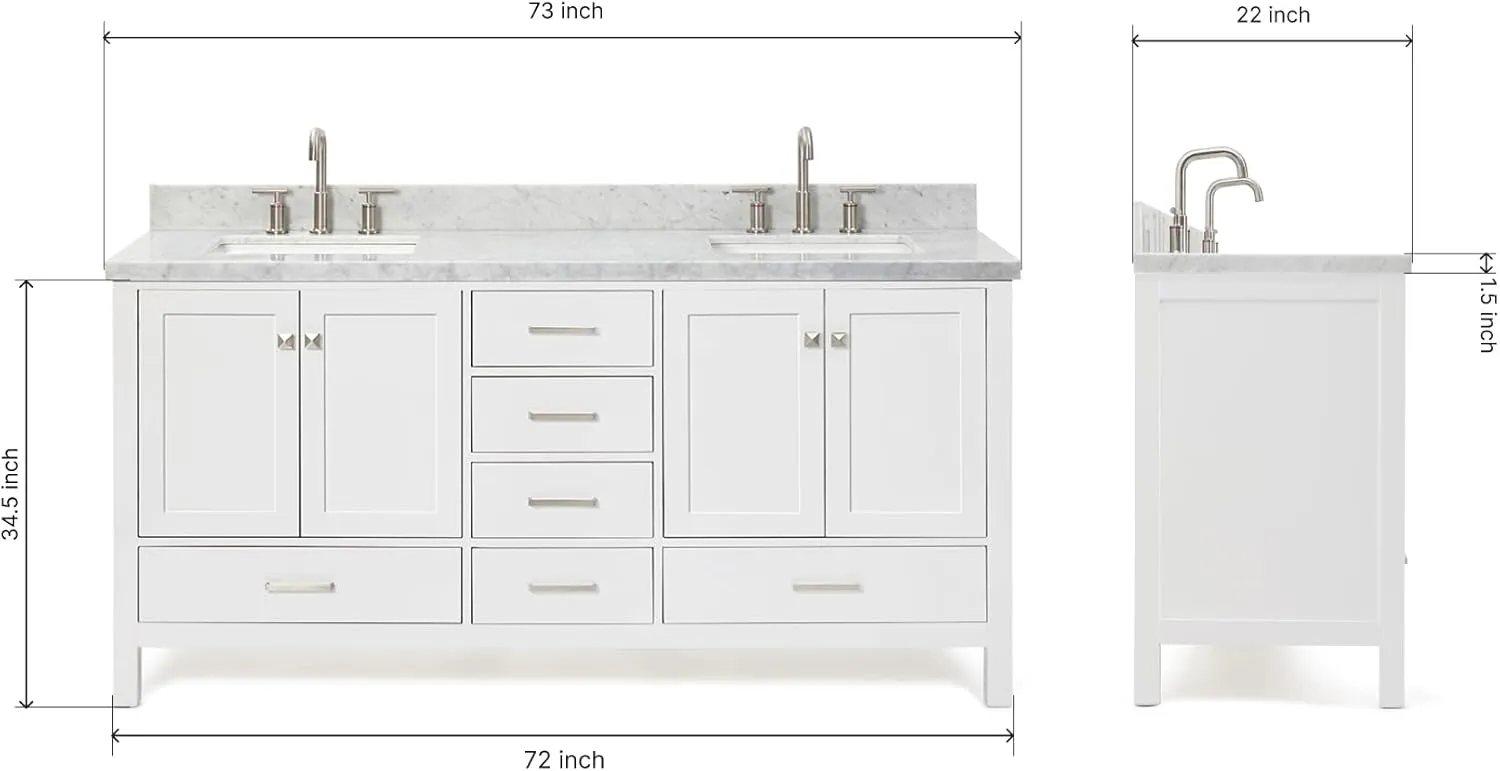 ARIEL 73" White Double Vanity with 1.5" Edge Italian Carrara Marble Countertop & Splash, Rectangular Sinks, 4 Soft Closing Doors, 6 Full Extension Dovetail Drawers, Brushed Nickel