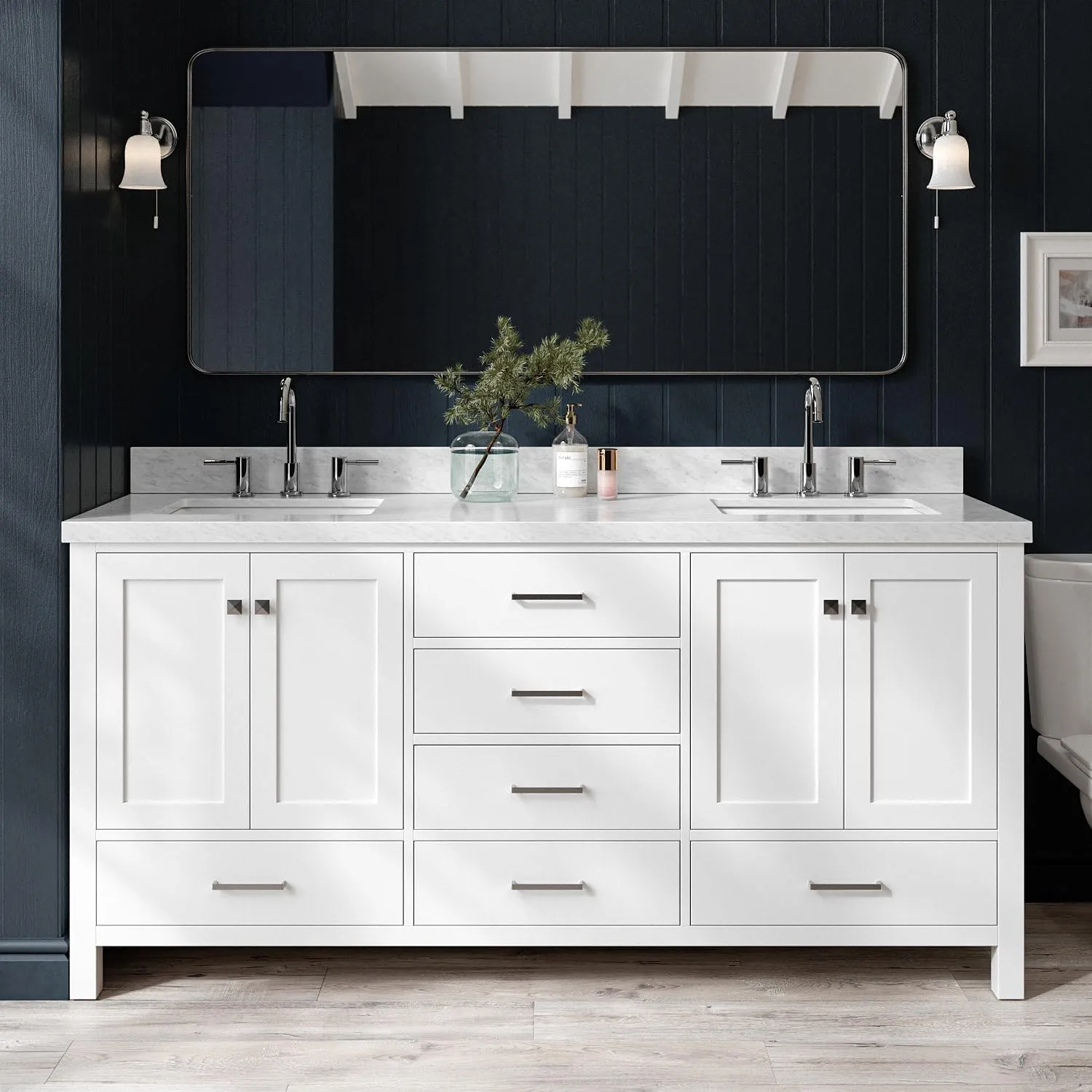 ARIEL 73" White Double Vanity with 1.5" Edge Italian Carrara Marble Countertop & Splash, Rectangular Sinks, 4 Soft Closing Doors, 6 Full Extension Dovetail Drawers, Brushed Nickel