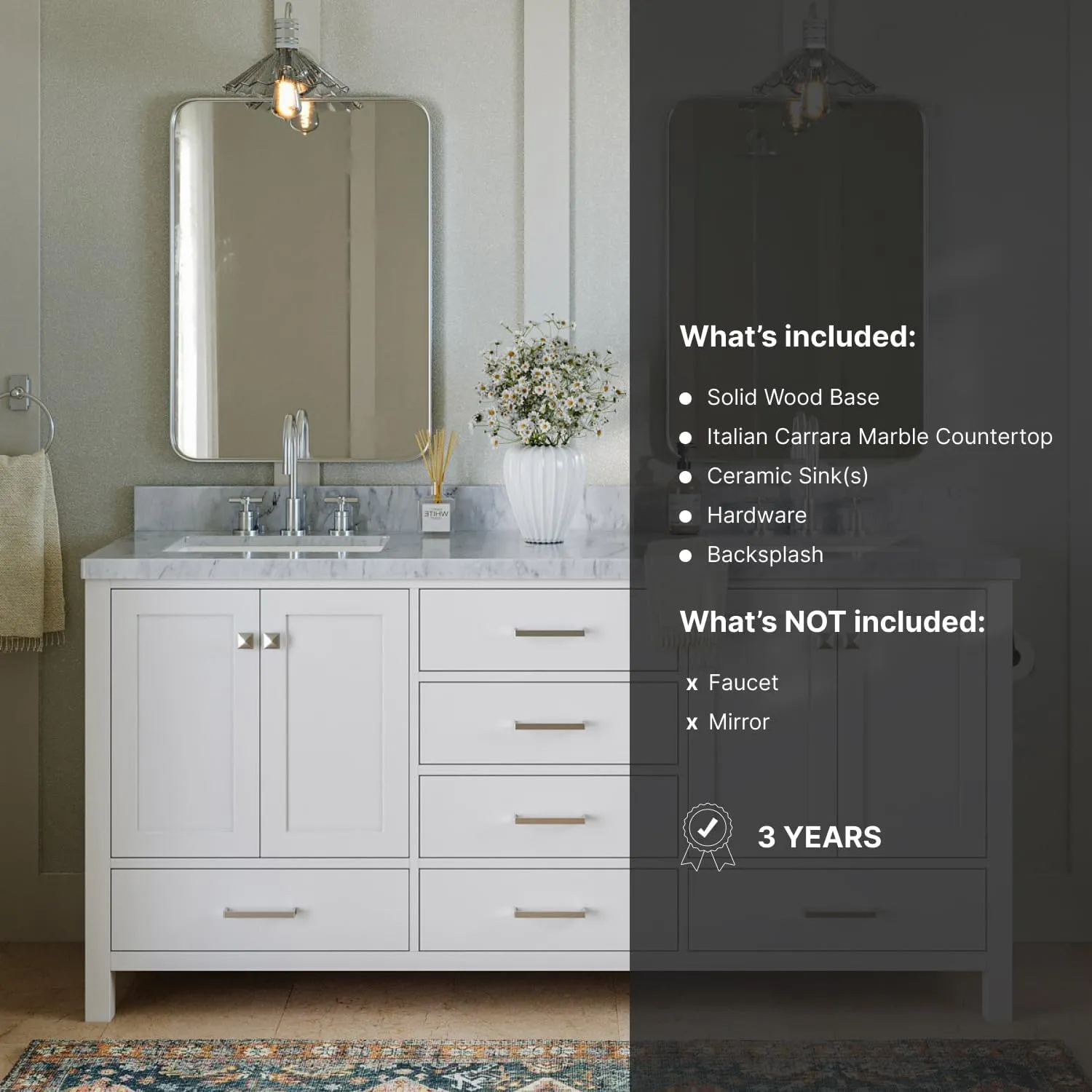 ARIEL 73" White Double Vanity with 1.5" Edge Italian Carrara Marble Countertop & Splash, Rectangular Sinks, 4 Soft Closing Doors, 6 Full Extension Dovetail Drawers, Brushed Nickel