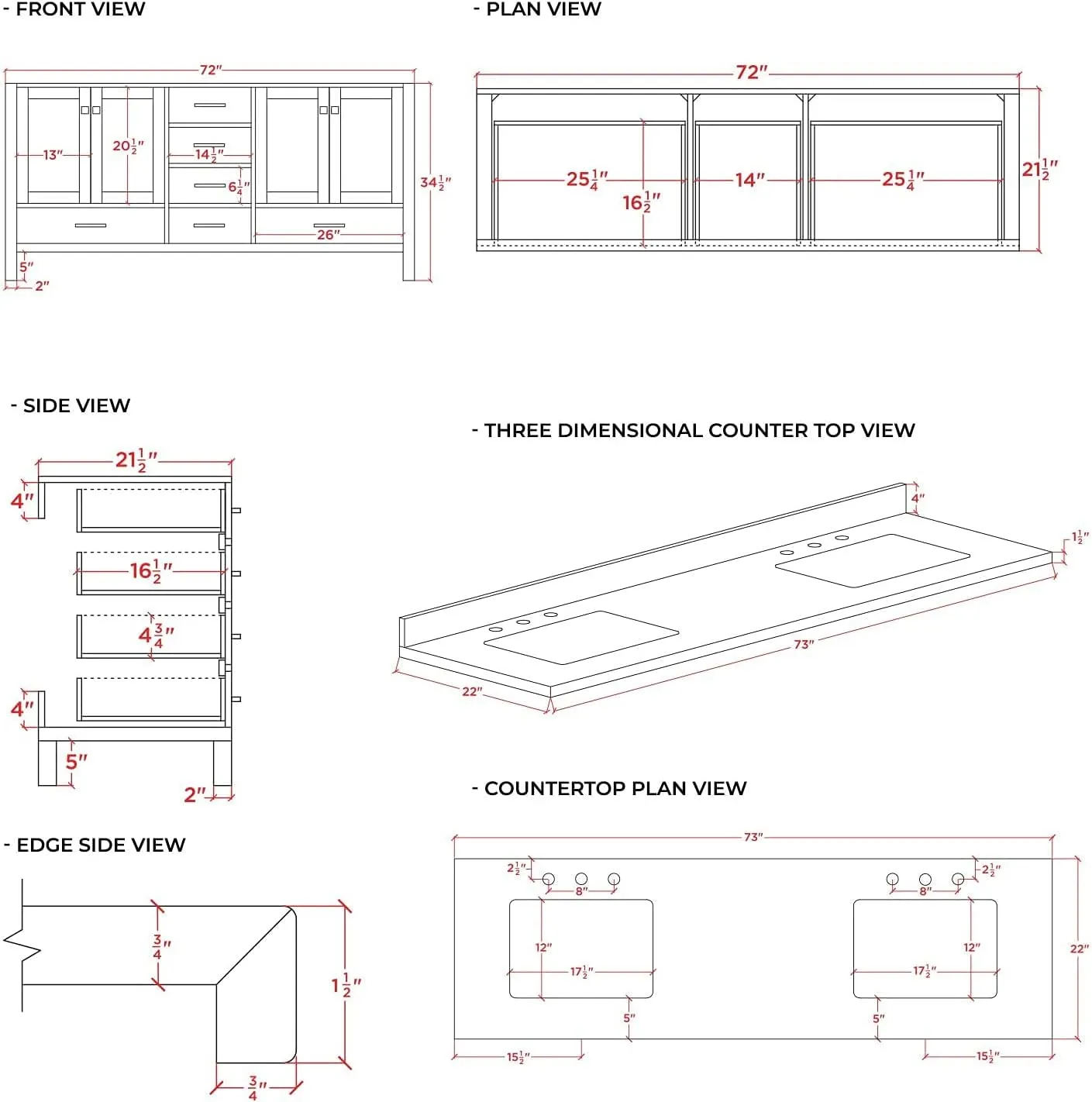 ARIEL 73" White Double Vanity with 1.5" Edge Italian Carrara Marble Countertop & Splash, Rectangular Sinks, 4 Soft Closing Doors, 6 Full Extension Dovetail Drawers, Brushed Nickel