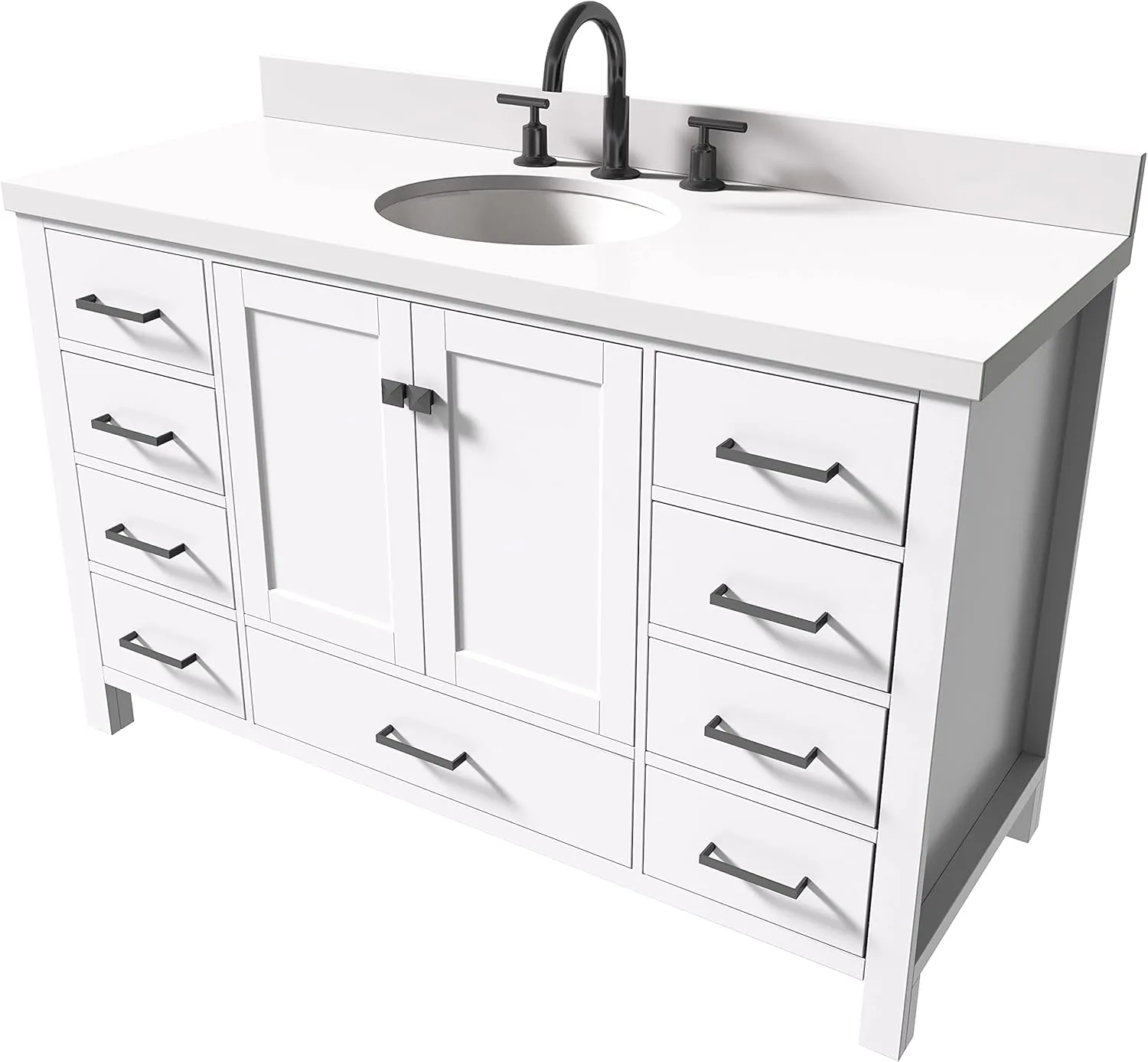 ARIEL Bathroom Vanity 55" White with 1.5" Edge Pure White Quartz Countertop & Backsplash, Center Oval Sink, 2 Soft Closing Doors, 9 Full Extension Dovetail Drawers, Matte Black