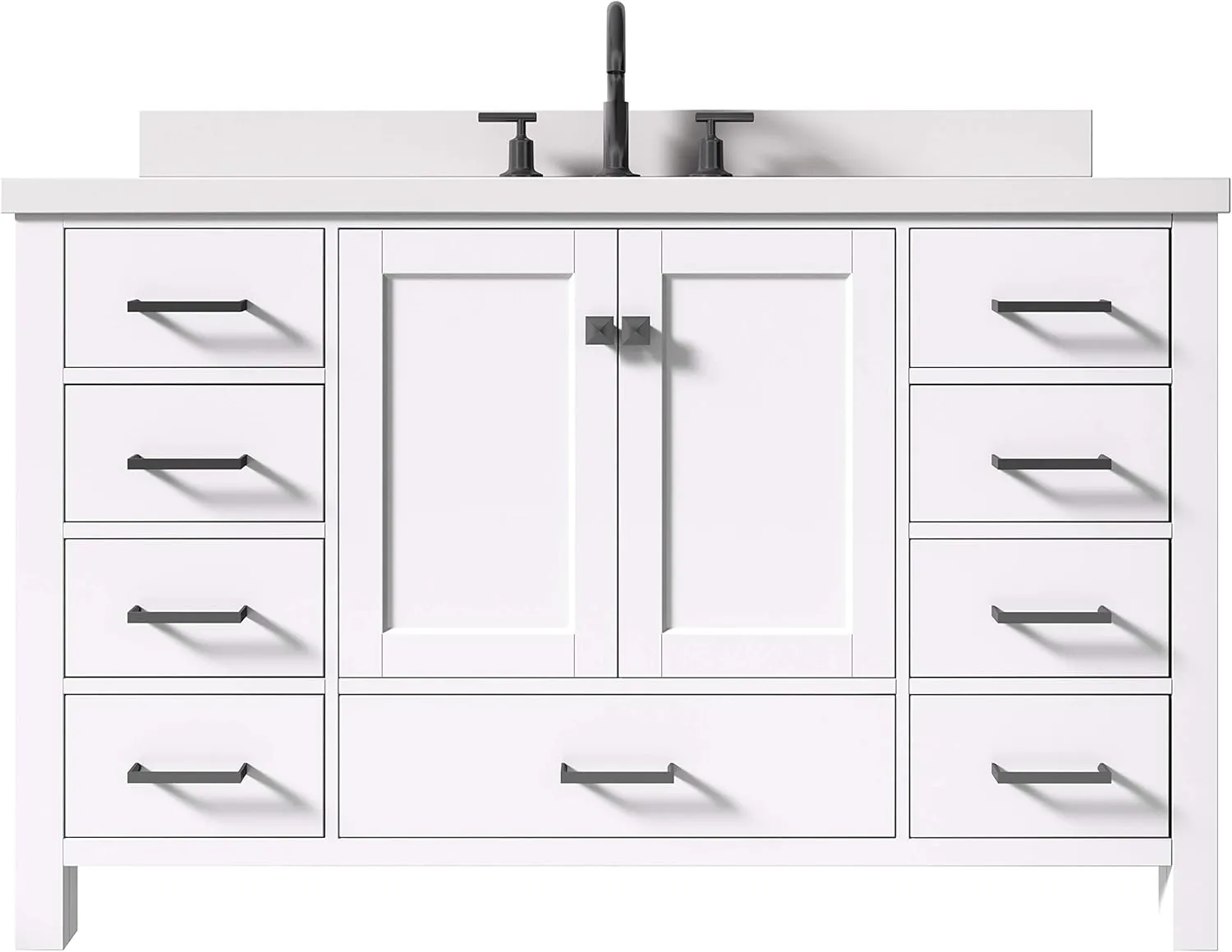 ARIEL Bathroom Vanity 55" White with 1.5" Edge Pure White Quartz Countertop & Backsplash, Center Oval Sink, 2 Soft Closing Doors, 9 Full Extension Dovetail Drawers, Matte Black