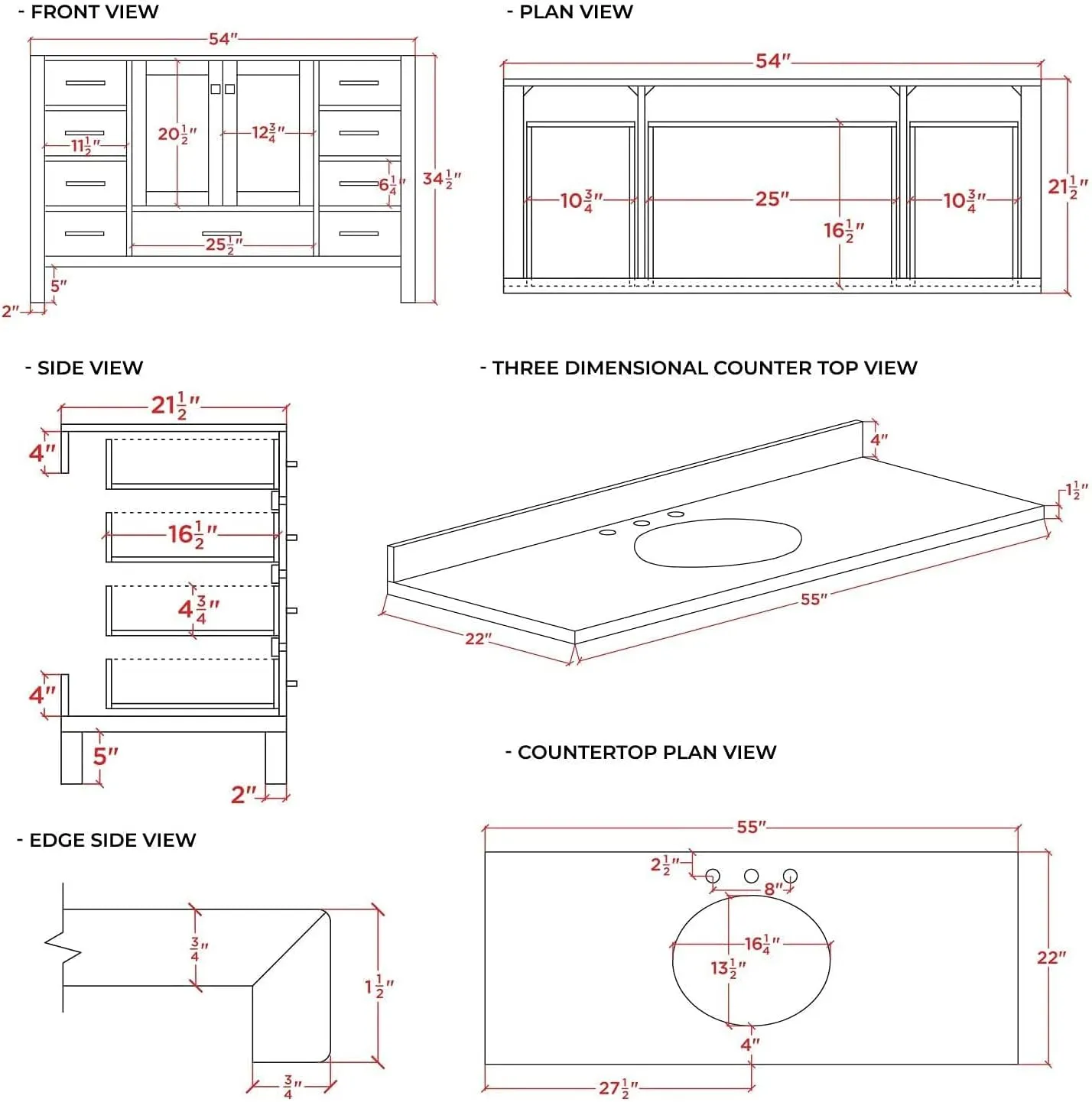ARIEL Bathroom Vanity 55" White with 1.5" Edge Pure White Quartz Countertop & Backsplash, Center Oval Sink, 2 Soft Closing Doors, 9 Full Extension Dovetail Drawers, Matte Black
