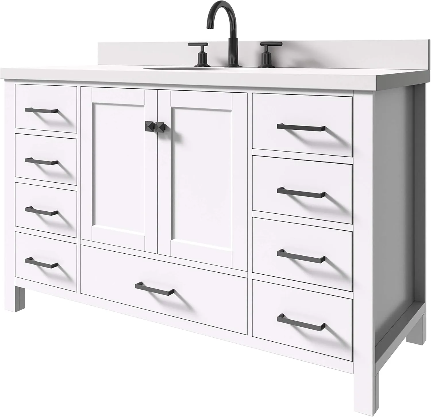 ARIEL Bathroom Vanity 55" White with 1.5" Edge Pure White Quartz Countertop & Backsplash, Center Oval Sink, 2 Soft Closing Doors, 9 Full Extension Dovetail Drawers, Matte Black