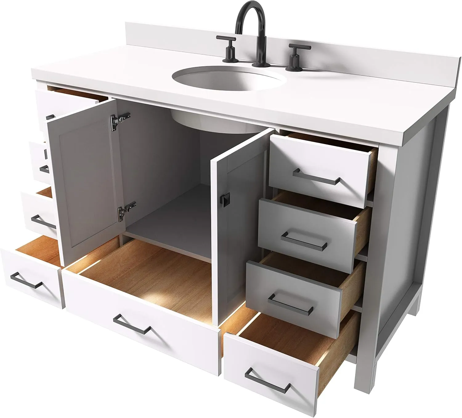 ARIEL Bathroom Vanity 55" White with 1.5" Edge Pure White Quartz Countertop & Backsplash, Center Oval Sink, 2 Soft Closing Doors, 9 Full Extension Dovetail Drawers, Matte Black