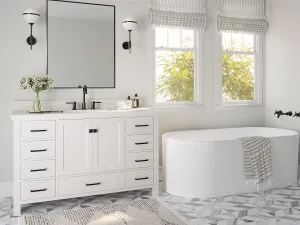 ARIEL Bathroom Vanity 55" White with 1.5" Edge Pure White Quartz Countertop & Backsplash, Center Oval Sink, 2 Soft Closing Doors, 9 Full Extension Dovetail Drawers, Matte Black