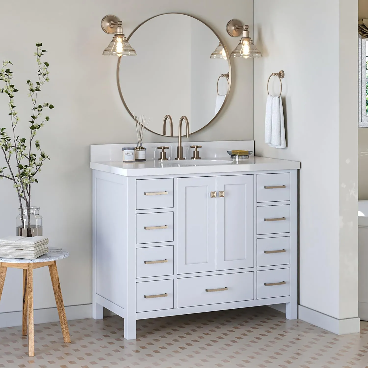 ARIEL Cambridge 43 Inch Bathroom Vanity with Sink, White Bathroom Vanity, Solid Wood Bathroom Cabinet, Quartz Countertop 1.5" Edge, Undermount Oval Sink, 2 Soft Closing Doors, 9 Drawers, Satin Brass