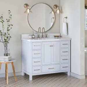 ARIEL Cambridge 43 Inch Bathroom Vanity with Sink, White Bathroom Vanity, Solid Wood Bathroom Cabinet, Quartz Countertop 1.5" Edge, Undermount Oval Sink, 2 Soft Closing Doors, 9 Drawers, Satin Brass