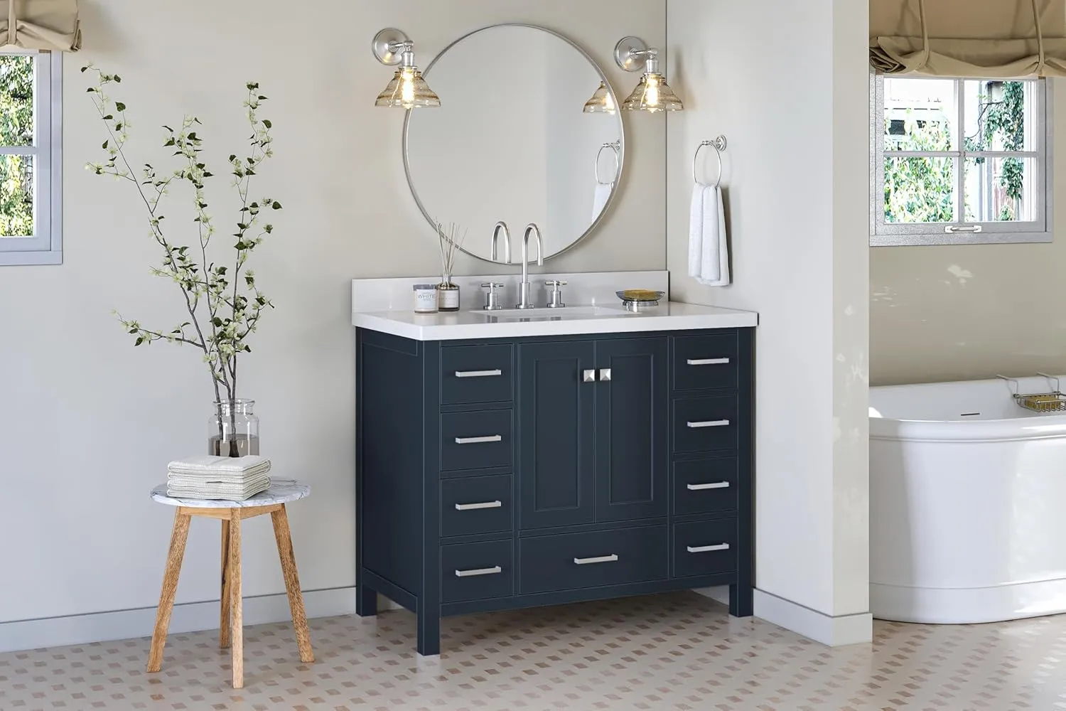 ARIEL Cambridge 43 Inch Bathroom Vanity with Sink,Solid Wood Midnight Blue Vanity Cabinet, Quartz Countertop 1.5" Edge, Undermount Single Sink, 2 Soft Closing Doors, 9 Drawers, Brushed Nickel