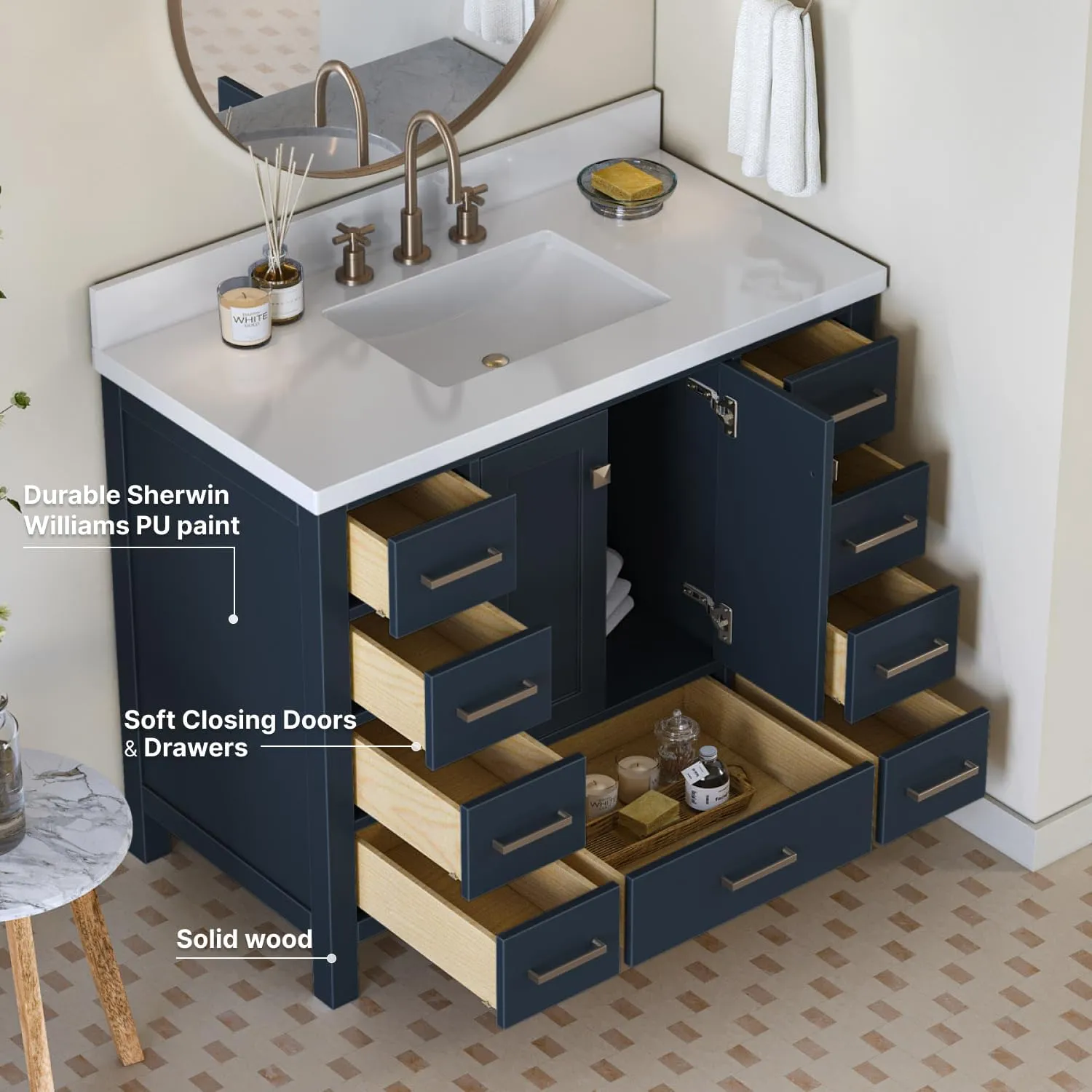 ARIEL Cambridge 43 Inch Bathroom Vanity with Sink,Solid Wood Midnight Blue Vanity Cabinet, Quartz Countertop 1.5" Edge, Undermount Single Sink, 2 Soft Closing Doors, 9 Drawers, Brushed Nickel