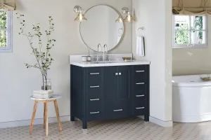 ARIEL Cambridge 43 Inch Bathroom Vanity with Sink,Solid Wood Midnight Blue Vanity Cabinet, Quartz Countertop 1.5" Edge, Undermount Single Sink, 2 Soft Closing Doors, 9 Drawers, Brushed Nickel