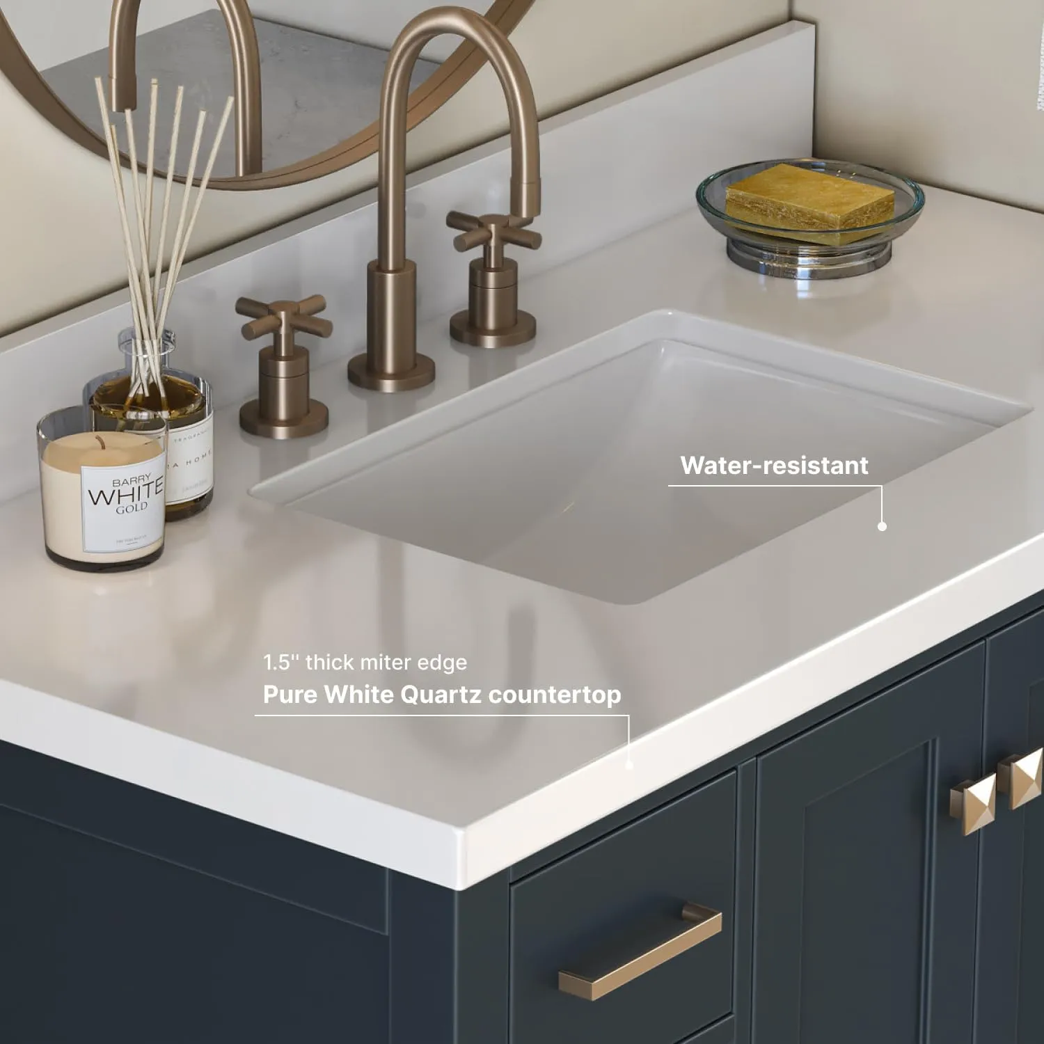 ARIEL Cambridge 43 Inch Bathroom Vanity with Sink,Solid Wood Midnight Blue Vanity Cabinet, Quartz Countertop 1.5" Edge, Undermount Single Sink, 2 Soft Closing Doors, 9 Drawers, Brushed Nickel