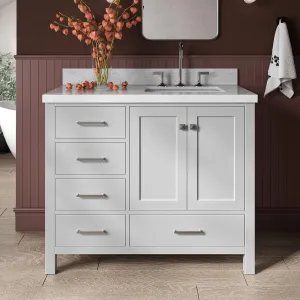 ARIEL Cambridge 43 Inch Gray Bathroom Vanity with Sink, 1.5" Edge Italian Carrara Marble Top, Solid Wood, Right Rectangular Sink, 2 Soft Closing Doors, 5 Full Extension Dovetail Drawers