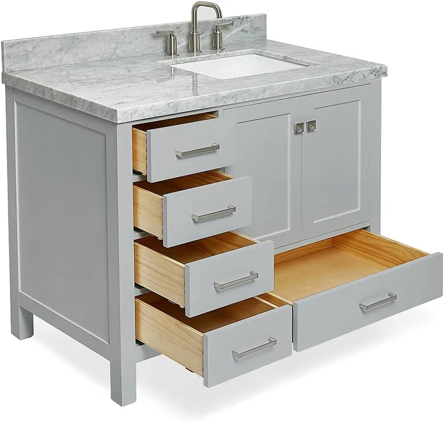 ARIEL Cambridge 43 Inch Gray Bathroom Vanity with Sink, 1.5" Edge Italian Carrara Marble Top, Solid Wood, Right Rectangular Sink, 2 Soft Closing Doors, 5 Full Extension Dovetail Drawers