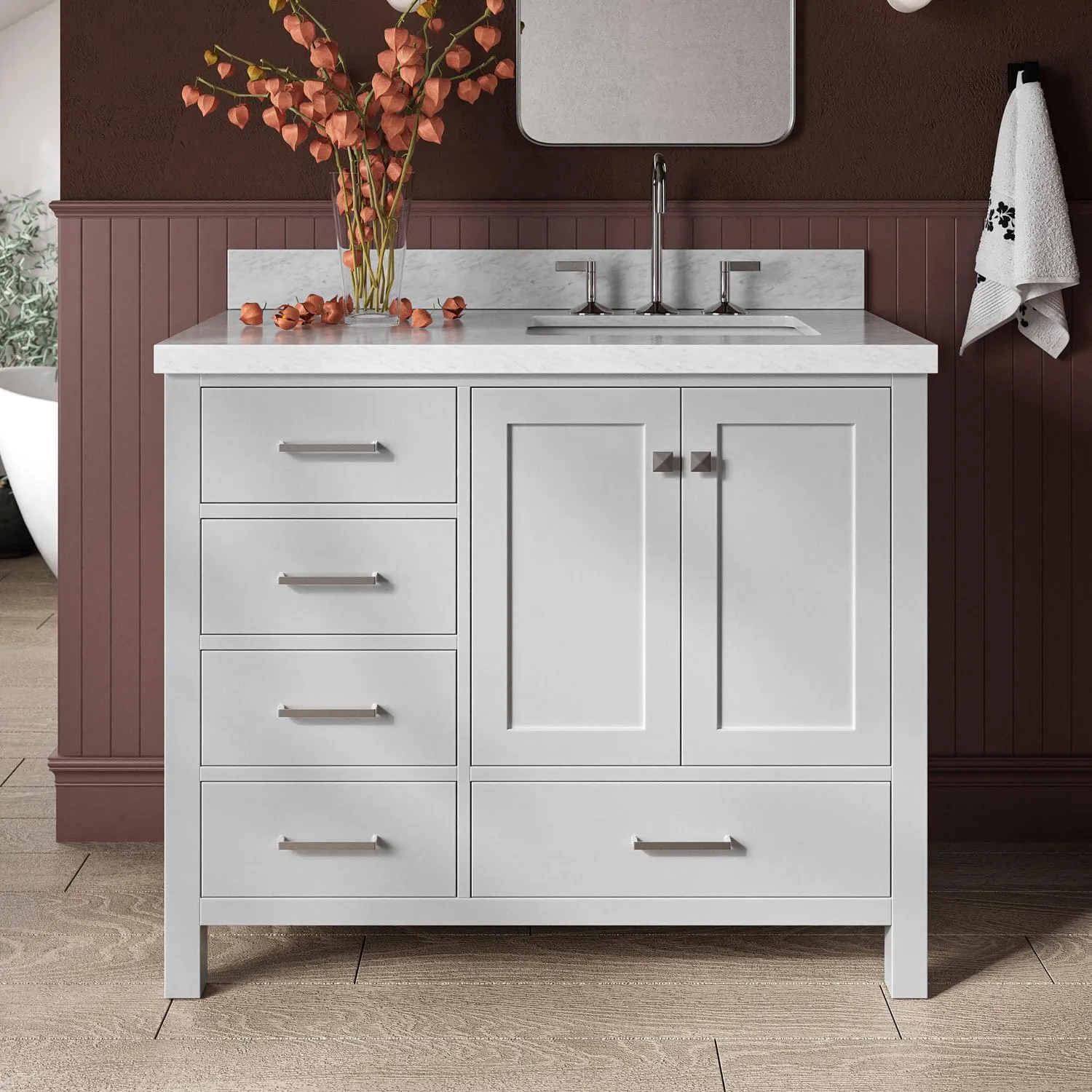 ARIEL Cambridge 43 Inch Gray Bathroom Vanity with Sink, 1.5" Edge Italian Carrara Marble Top, Solid Wood, Right Rectangular Sink, 2 Soft Closing Doors, 5 Full Extension Dovetail Drawers