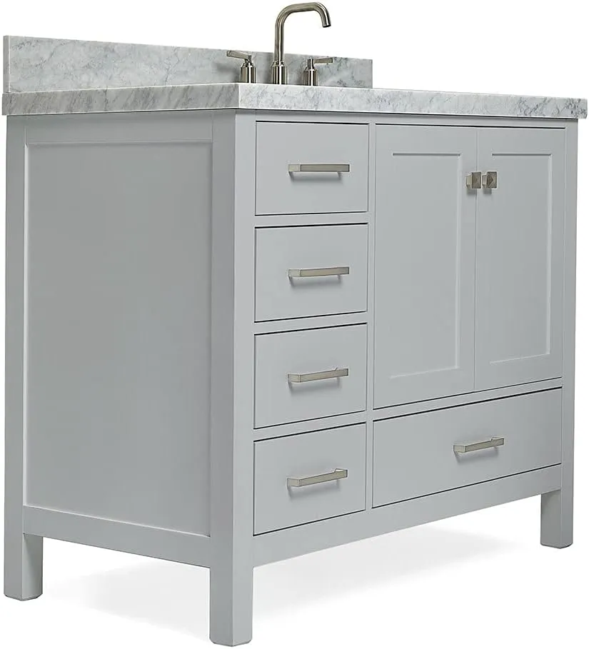 ARIEL Cambridge 43 Inch Gray Bathroom Vanity with Sink, 1.5" Edge Italian Carrara Marble Top, Solid Wood, Right Rectangular Sink, 2 Soft Closing Doors, 5 Full Extension Dovetail Drawers