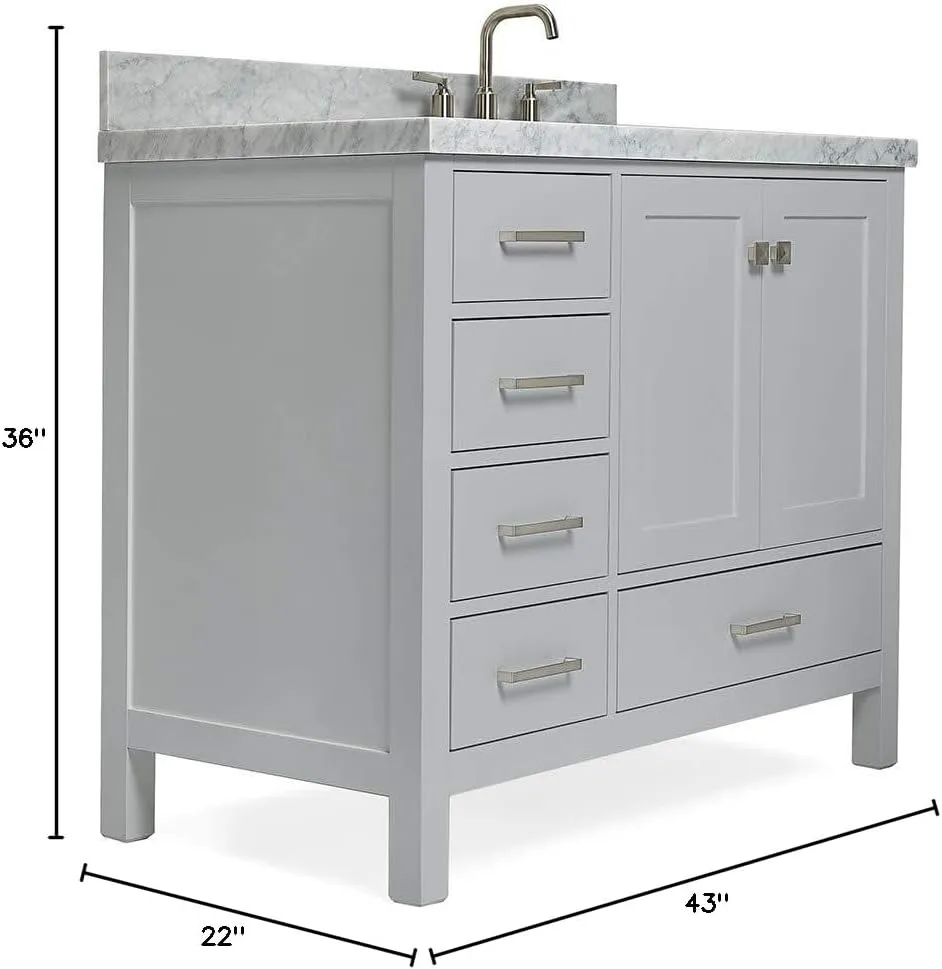 ARIEL Cambridge 43 Inch Gray Bathroom Vanity with Sink, 1.5" Edge Italian Carrara Marble Top, Solid Wood, Right Rectangular Sink, 2 Soft Closing Doors, 5 Full Extension Dovetail Drawers