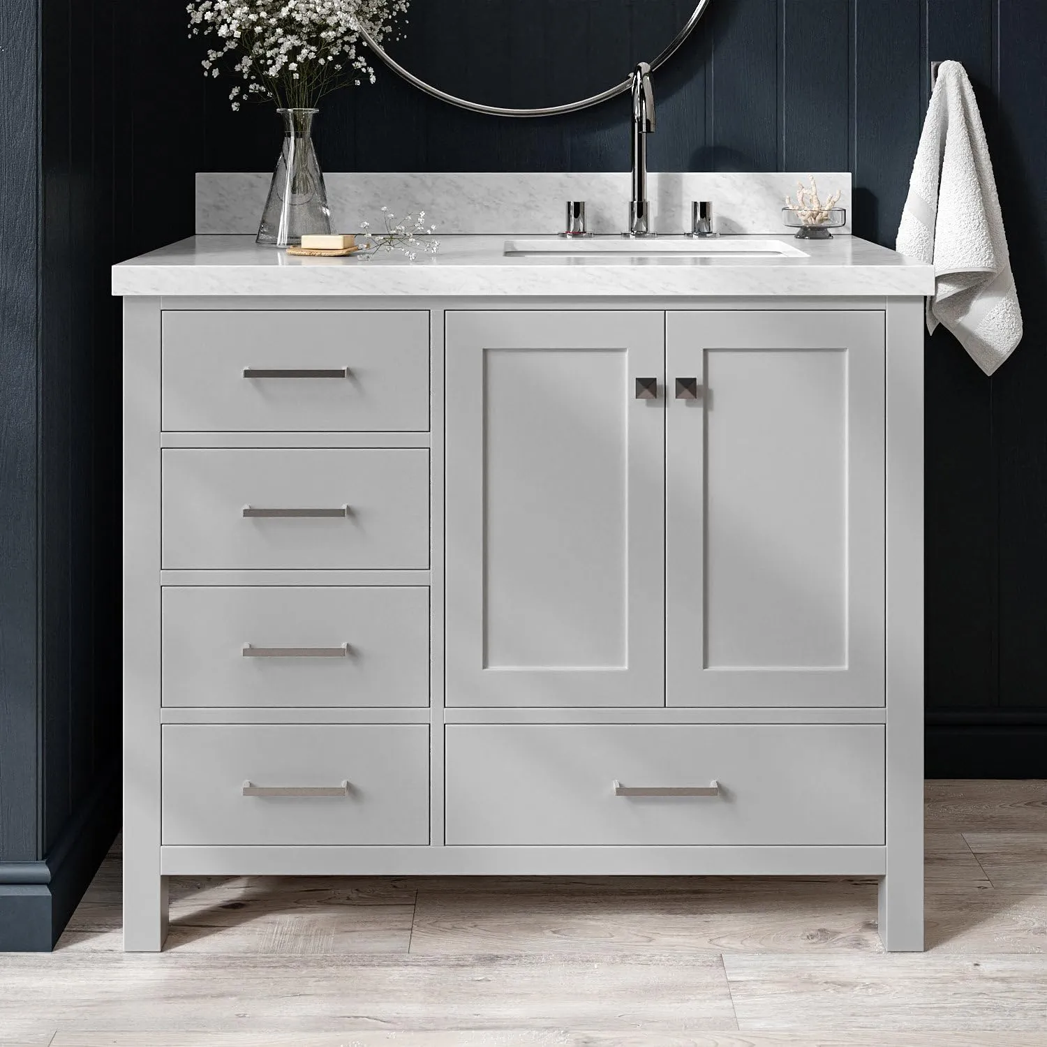 ARIEL Cambridge 43 Inch Gray Bathroom Vanity with Sink, 1.5" Edge Italian Carrara Marble Top, Solid Wood, Right Rectangular Sink, 2 Soft Closing Doors, 5 Full Extension Dovetail Drawers