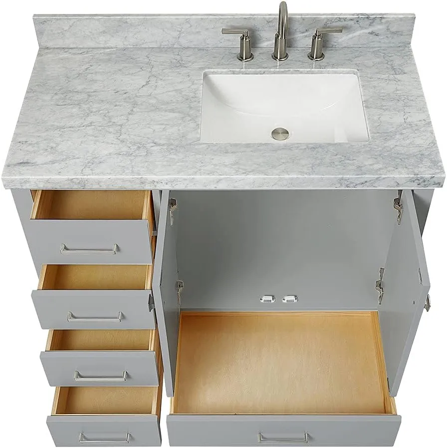 ARIEL Cambridge 43 Inch Gray Bathroom Vanity with Sink, 1.5" Edge Italian Carrara Marble Top, Solid Wood, Right Rectangular Sink, 2 Soft Closing Doors, 5 Full Extension Dovetail Drawers