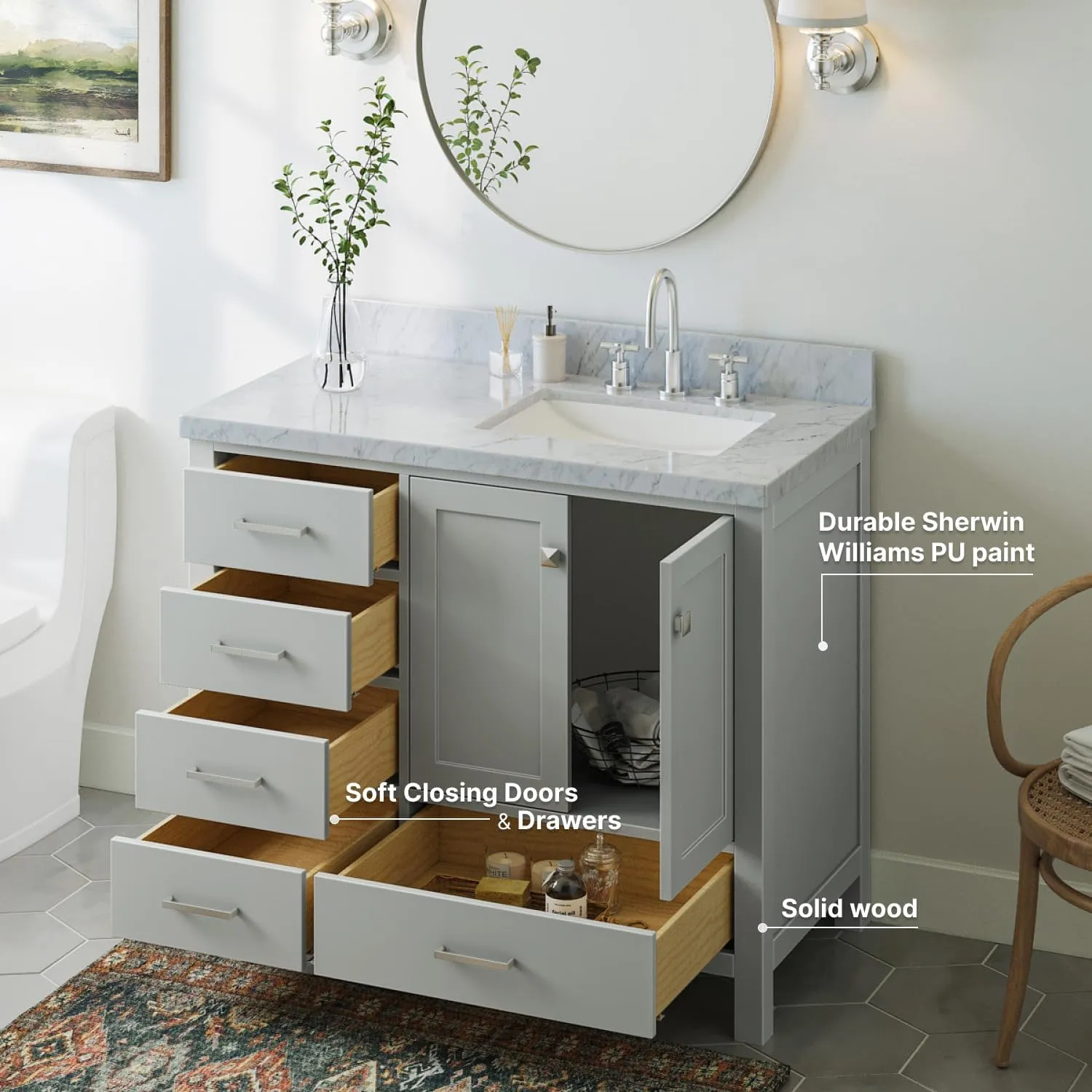 ARIEL Cambridge 43 Inch Gray Bathroom Vanity with Sink, 1.5" Edge Italian Carrara Marble Top, Solid Wood, Right Rectangular Sink, 2 Soft Closing Doors, 5 Full Extension Dovetail Drawers