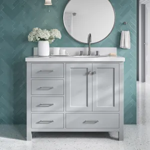 ARIEL Cambridge 43 Inch Gray Bathroom Vanity with Sink, 1.5" Edge Quartz Countertop, Solid Wood, Right Oval Sink, 2 Soft Closing Doors, 5 Full Extension Dovetail Drawers