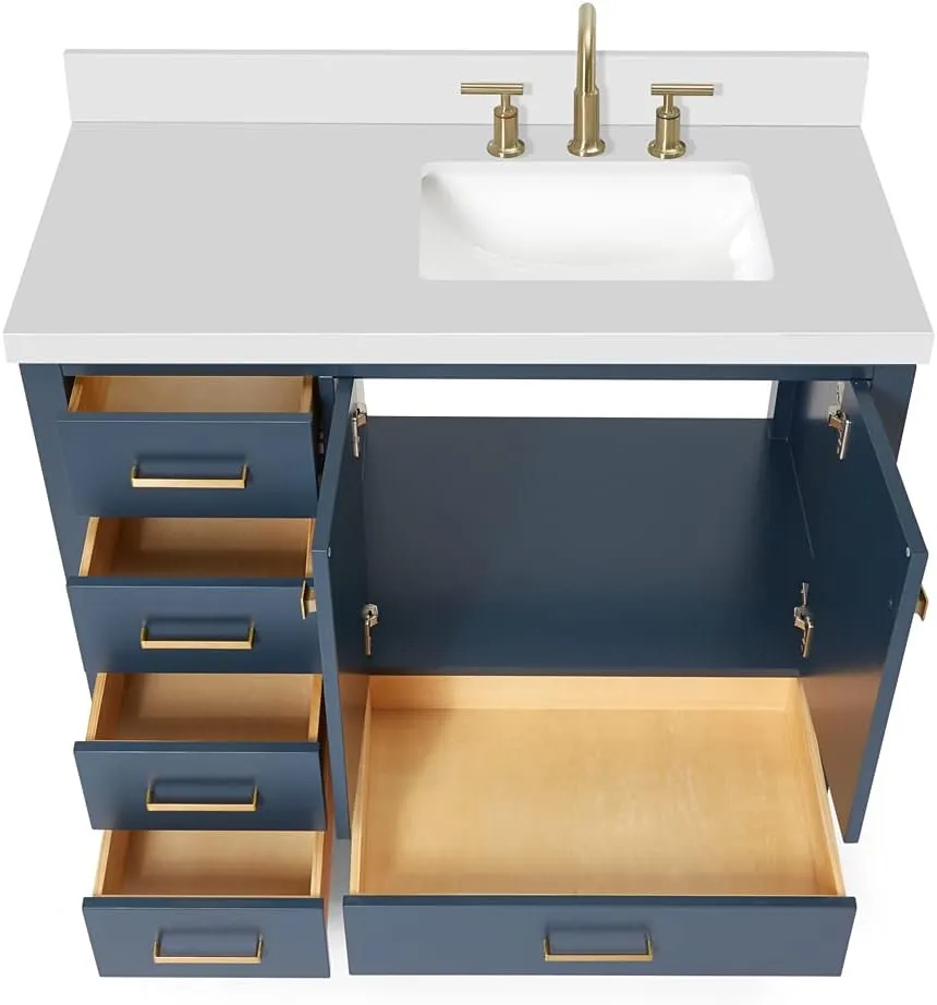 ARIEL Cambridge 43 Inch Midnight Blue Bathroom Vanity with Sink, 1.5" Edge Quartz Top, Solid Wood, Right Rectangular Sink, 2 Soft Closing Doors, 5 Full Extension Dovetail Drawers