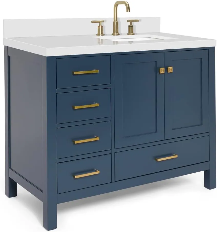 ARIEL Cambridge 43 Inch Midnight Blue Bathroom Vanity with Sink, 1.5" Edge Quartz Top, Solid Wood, Right Rectangular Sink, 2 Soft Closing Doors, 5 Full Extension Dovetail Drawers