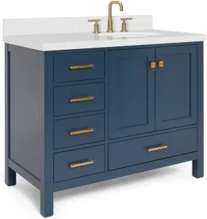 ARIEL Cambridge 43 Inch Midnight Blue Bathroom Vanity with Sink, 1.5" Edge Quartz Top, Solid Wood, Right Rectangular Sink, 2 Soft Closing Doors, 5 Full Extension Dovetail Drawers
