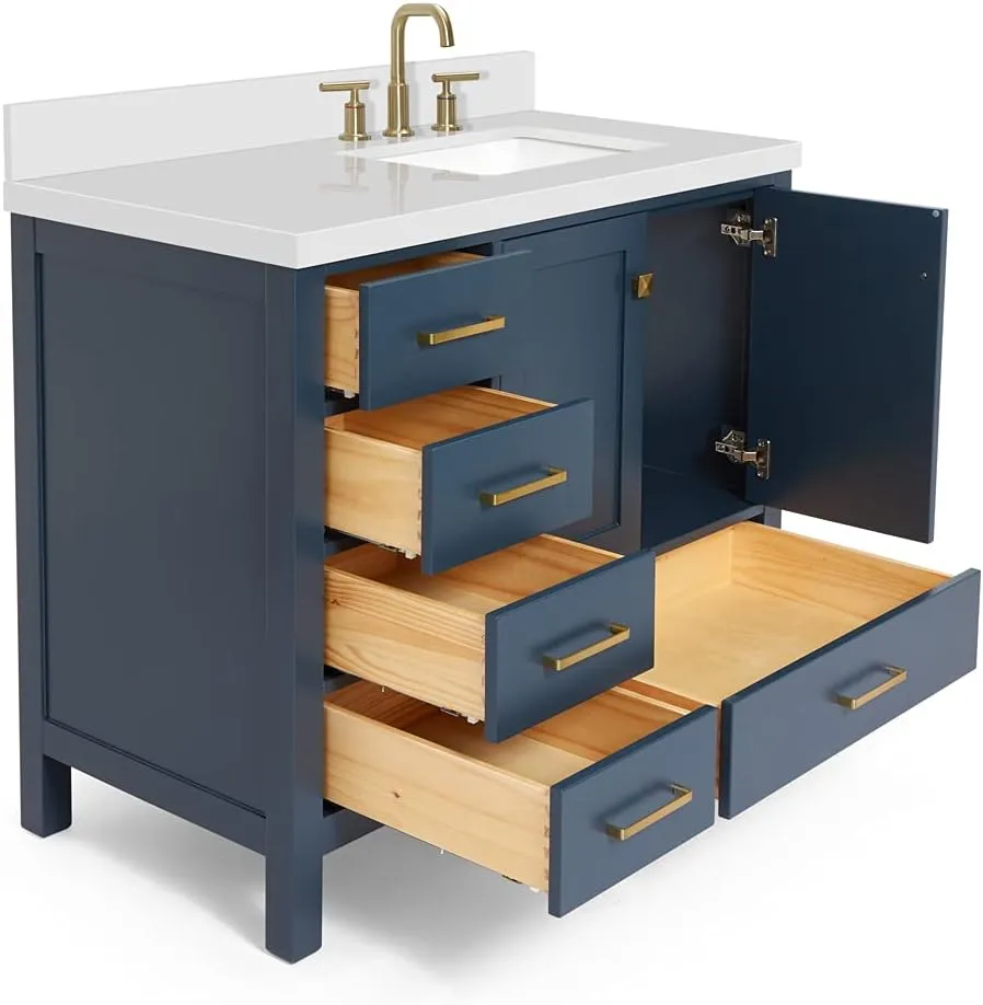 ARIEL Cambridge 43 Inch Midnight Blue Bathroom Vanity with Sink, 1.5" Edge Quartz Top, Solid Wood, Right Rectangular Sink, 2 Soft Closing Doors, 5 Full Extension Dovetail Drawers