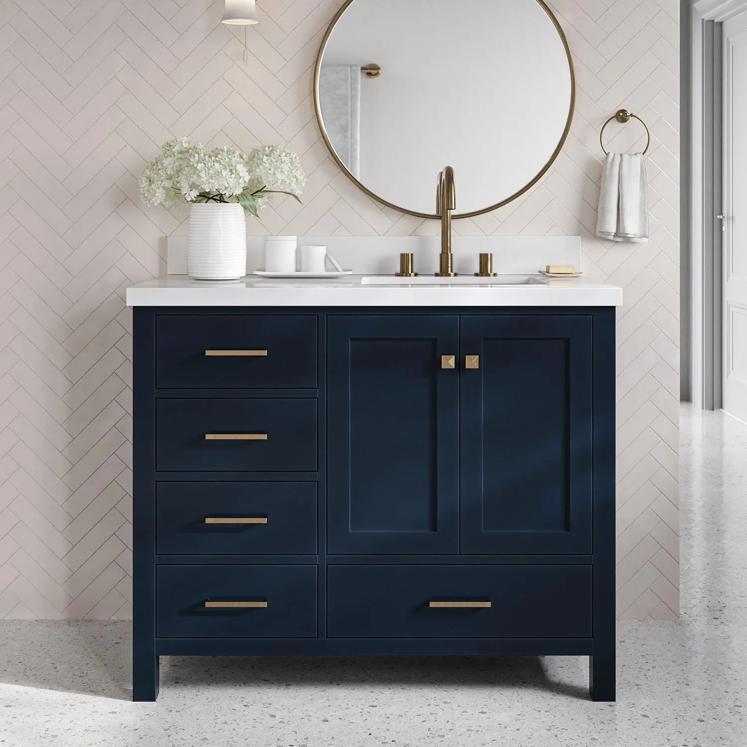 ARIEL Cambridge 43 Inch Midnight Blue Bathroom Vanity with Sink, 1.5" Edge Quartz Top, Solid Wood, Right Rectangular Sink, 2 Soft Closing Doors, 5 Full Extension Dovetail Drawers