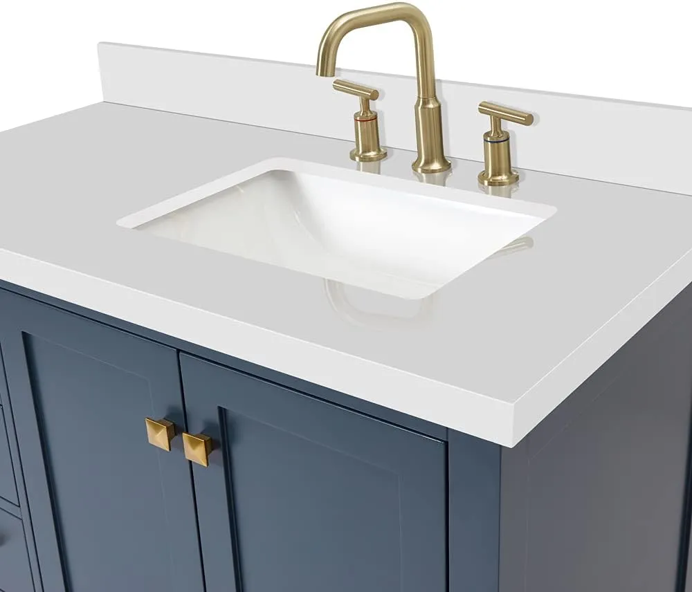 ARIEL Cambridge 43 Inch Midnight Blue Bathroom Vanity with Sink, 1.5" Edge Quartz Top, Solid Wood, Right Rectangular Sink, 2 Soft Closing Doors, 5 Full Extension Dovetail Drawers