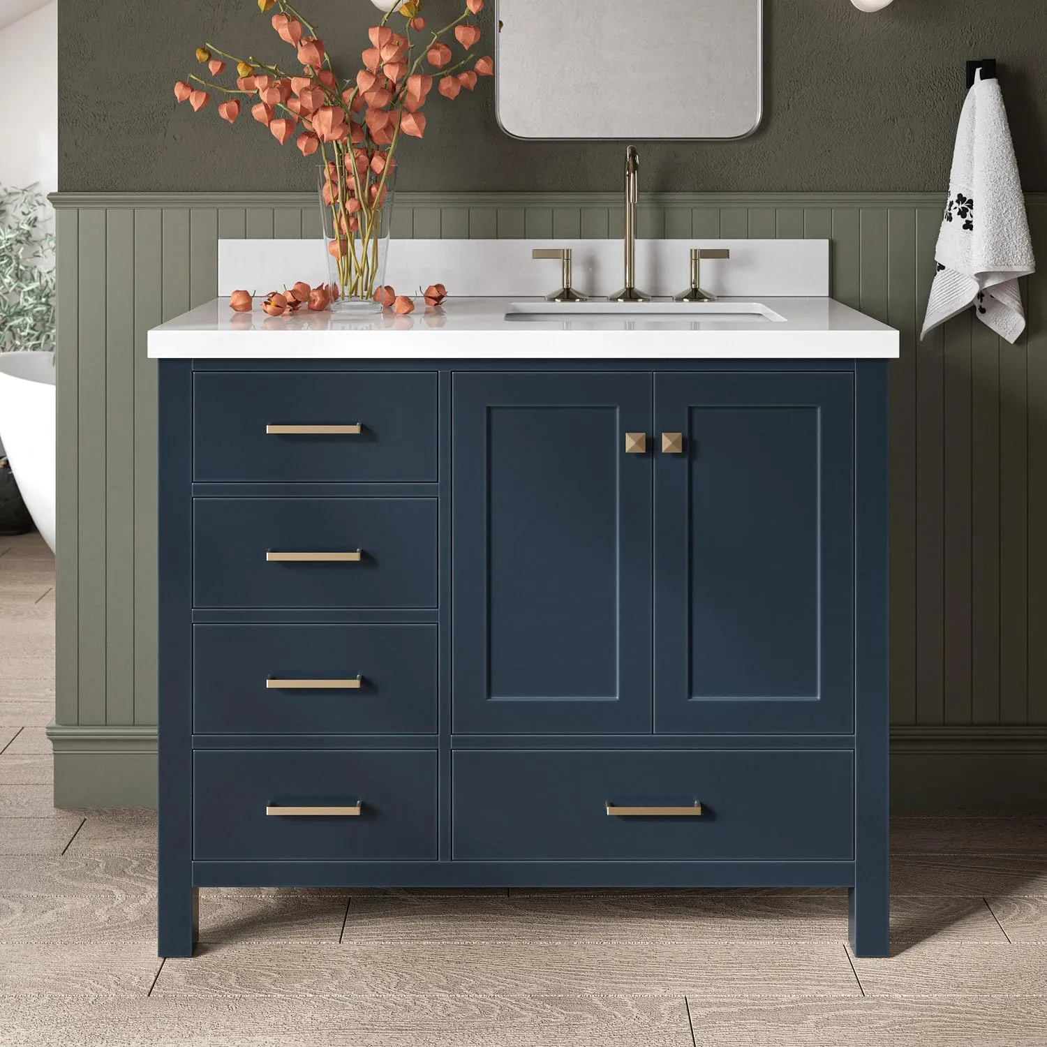 ARIEL Cambridge 43 Inch Midnight Blue Bathroom Vanity with Sink, 1.5" Edge Quartz Top, Solid Wood, Right Rectangular Sink, 2 Soft Closing Doors, 5 Full Extension Dovetail Drawers