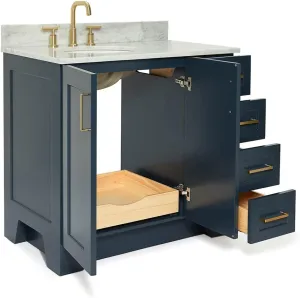 ARIEL Taylor 37 Inch Midnight Blue Bathroom Vanity with Sink, Solid Wood Bathroom Vanity Base Cabinet, Carrara Marble Countertop, Left Oval Undermount Single Sink, 2 Soft Closing Doors, 5 Drawers