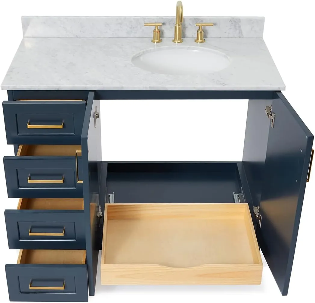 ARIEL Taylor 43 Inch Midnight Blue Bathroom Vanity with Sink, Italian Carrara Marble Countertop, Solid Wood, Right Oval Sink, 2 Soft Closing Doors, 5 Full Extension Dovetail Drawers, Toe Kick