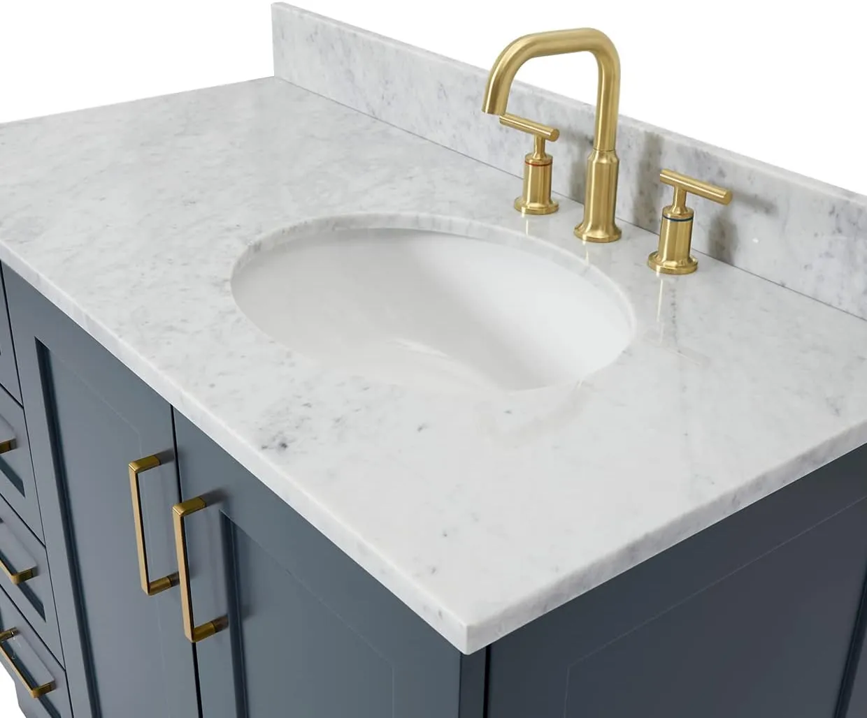 ARIEL Taylor 43 Inch Midnight Blue Bathroom Vanity with Sink, Italian Carrara Marble Countertop, Solid Wood, Right Oval Sink, 2 Soft Closing Doors, 5 Full Extension Dovetail Drawers, Toe Kick