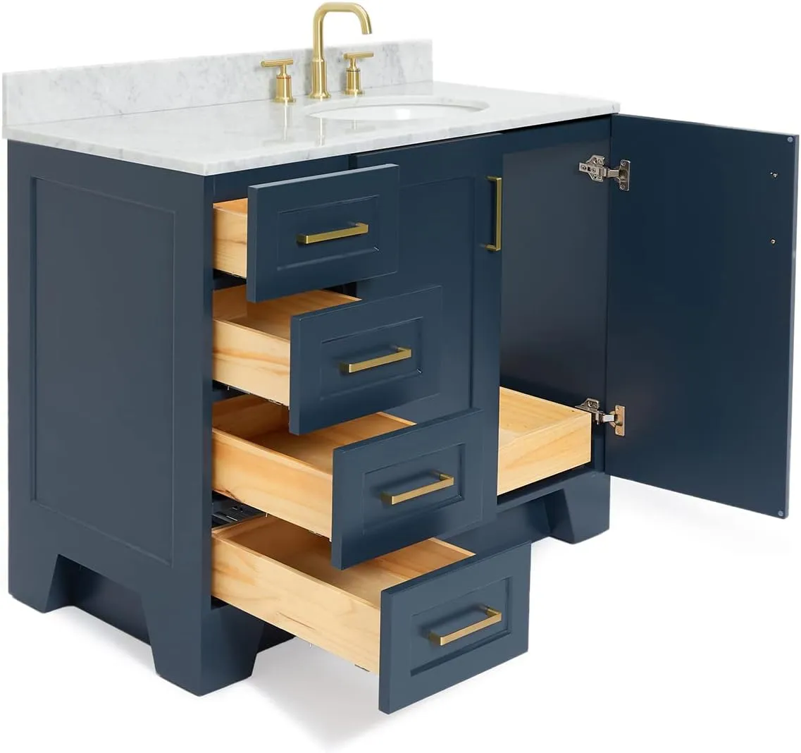 ARIEL Taylor 43 Inch Midnight Blue Bathroom Vanity with Sink, Italian Carrara Marble Countertop, Solid Wood, Right Oval Sink, 2 Soft Closing Doors, 5 Full Extension Dovetail Drawers, Toe Kick