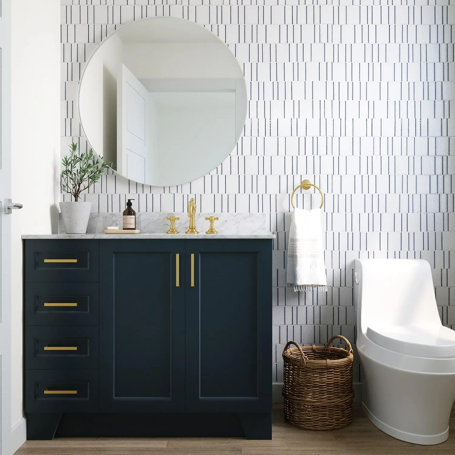 ARIEL Taylor 43 Inch Midnight Blue Bathroom Vanity with Sink, Italian Carrara Marble Countertop, Solid Wood, Right Oval Sink, 2 Soft Closing Doors, 5 Full Extension Dovetail Drawers, Toe Kick