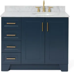 ARIEL Taylor 43 Inch Midnight Blue Bathroom Vanity with Sink, Italian Carrara Marble Countertop, Solid Wood, Right Oval Sink, 2 Soft Closing Doors, 5 Full Extension Dovetail Drawers, Toe Kick