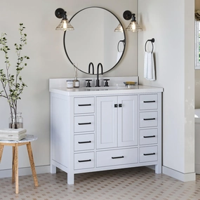 ARIEL Cambridge 43 Inch Bathroom Vanity, White Bathroom Vanity with Sink, Solid Wood Cabinet, Quartz Countertop 1.5" Edge, Rectangular Undermount Sink, 2 Soft Closing Doors, 9 Drawers, Matte Black