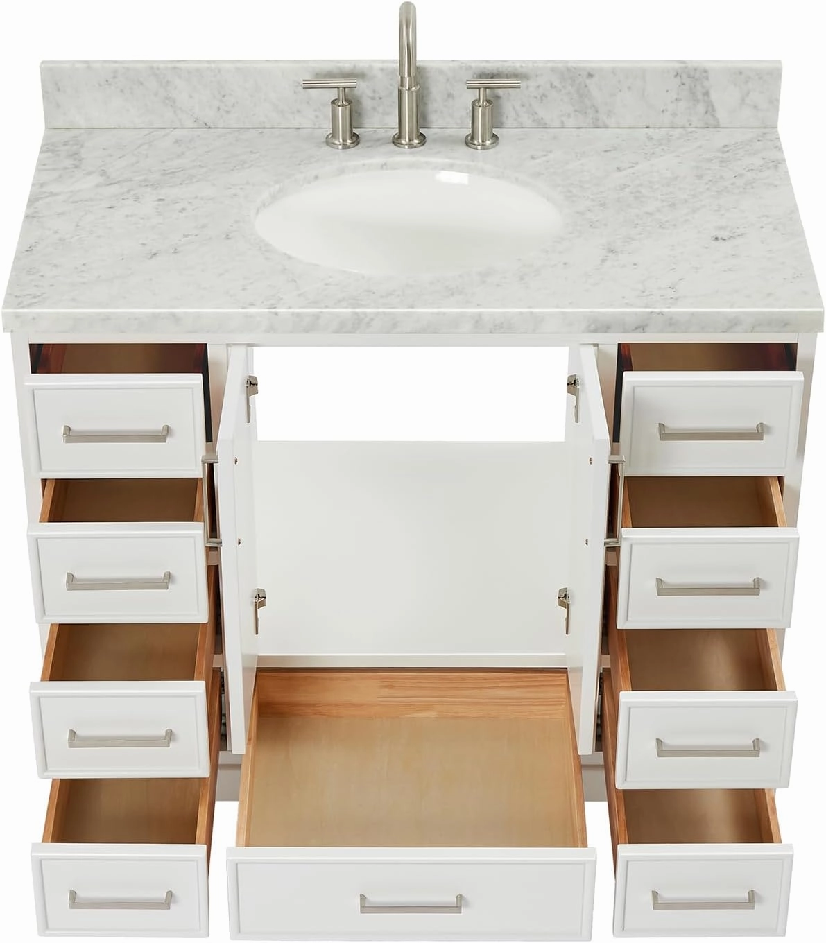 ARIEL Cambridge 43 Inch Bathroom Vanity, White Bathroom Vanity with Sink, Solid Wood Vanity Cabinet,1.5" Edge Carrara Marble Top, Oval Undermount Single Sink, 2 Soft Closing Doors, 9 Drawers