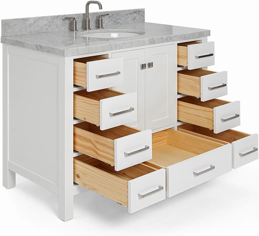 ARIEL Cambridge 43 Inch Bathroom Vanity, White Bathroom Vanity with Sink, Solid Wood Vanity Cabinet,1.5" Edge Carrara Marble Top, Oval Undermount Single Sink, 2 Soft Closing Doors, 9 Drawers