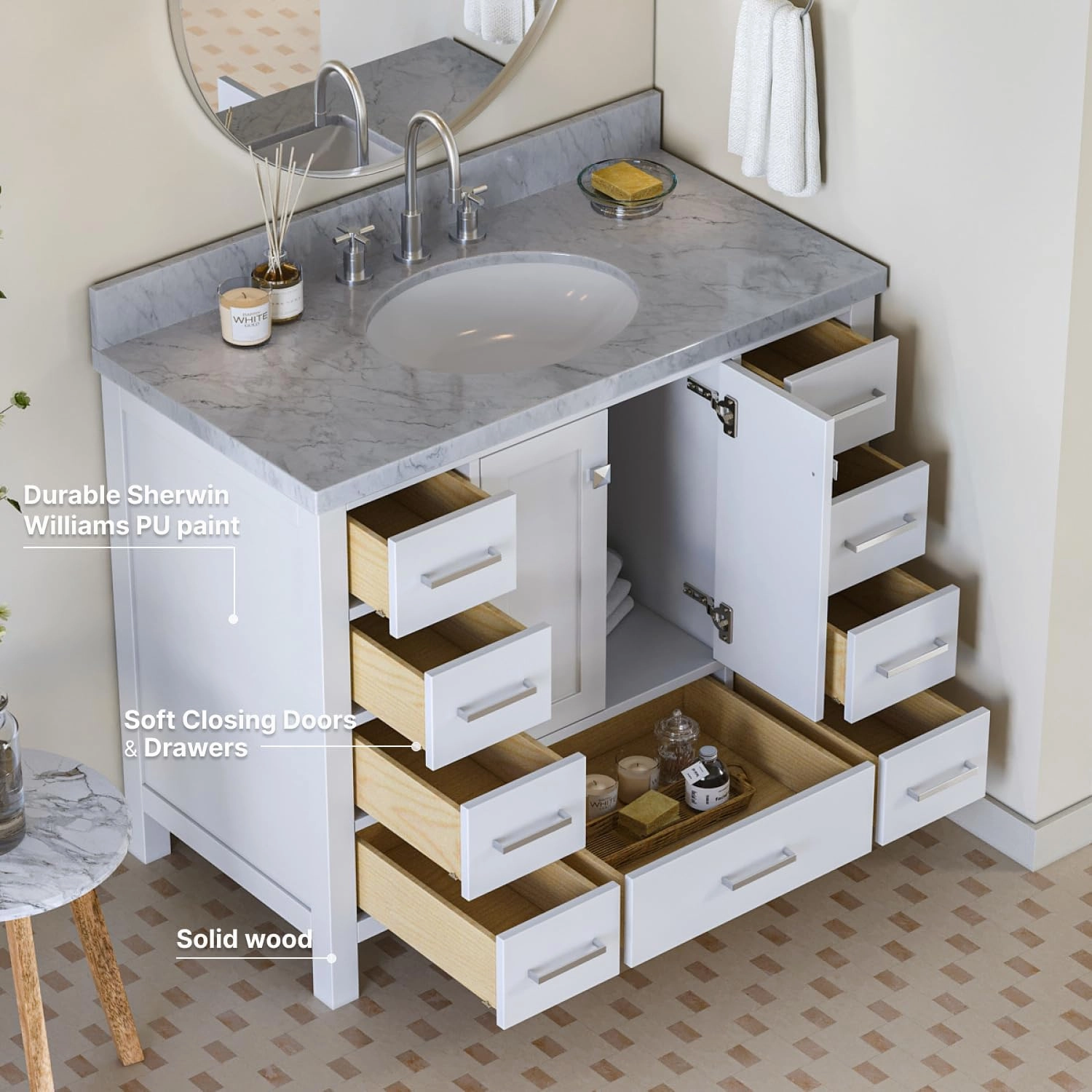 ARIEL Cambridge 43 Inch Bathroom Vanity, White Bathroom Vanity with Sink, Solid Wood Vanity Cabinet,1.5" Edge Carrara Marble Top, Oval Undermount Single Sink, 2 Soft Closing Doors, 9 Drawers