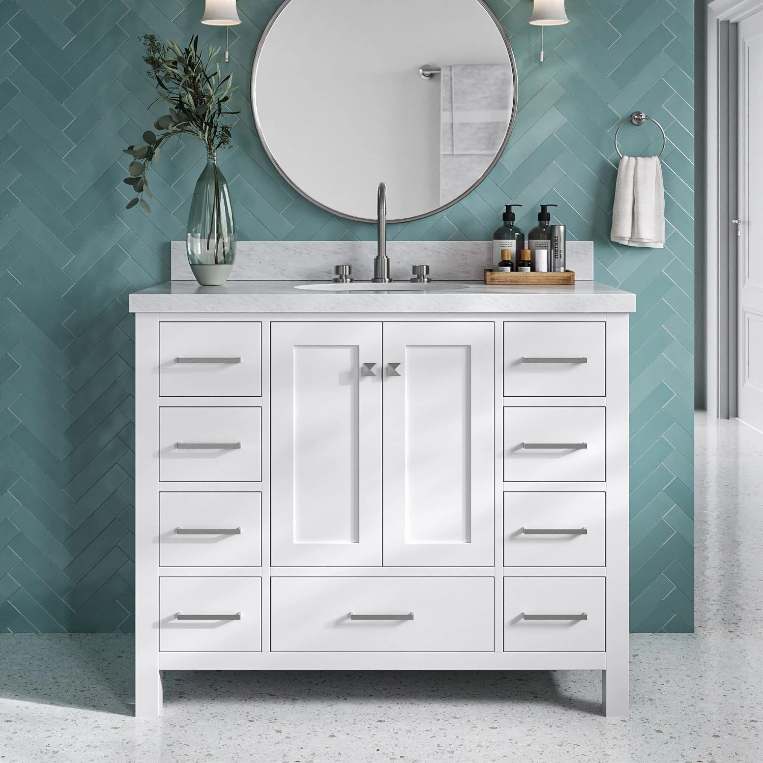 ARIEL Cambridge 43 Inch Bathroom Vanity, White Bathroom Vanity with Sink, Solid Wood Vanity Cabinet,1.5" Edge Carrara Marble Top, Oval Undermount Single Sink, 2 Soft Closing Doors, 9 Drawers