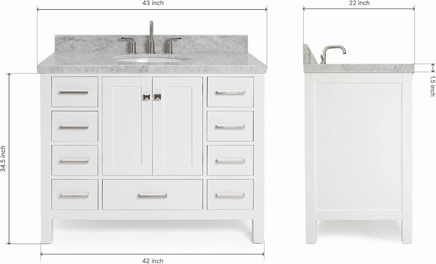 ARIEL Cambridge 43 Inch Bathroom Vanity, White Bathroom Vanity with Sink, Solid Wood Vanity Cabinet,1.5" Edge Carrara Marble Top, Oval Undermount Single Sink, 2 Soft Closing Doors, 9 Drawers