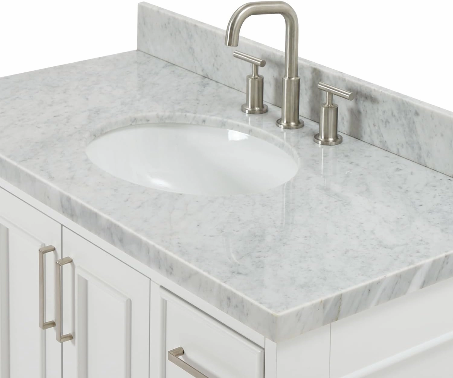 ARIEL Cambridge 43 Inch Bathroom Vanity, White Bathroom Vanity with Sink, Solid Wood Vanity Cabinet,1.5" Edge Carrara Marble Top, Oval Undermount Single Sink, 2 Soft Closing Doors, 9 Drawers